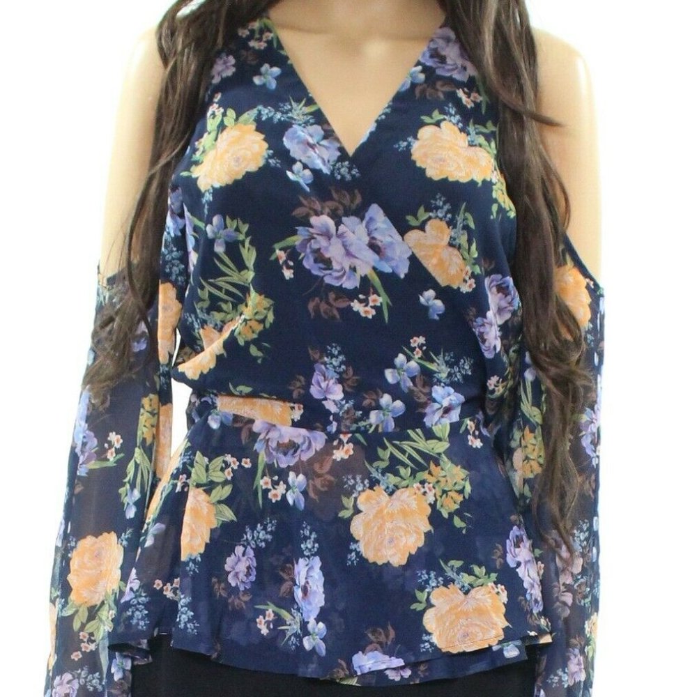 Yumi Kim women's L large open cold shoulder long sleeve wrap v-neck blouse